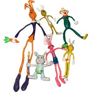 6 Vintage Bendable Easter Bunny Rabbit W/ Rubber Wire Toy 1980s Carrots